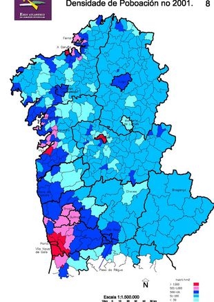 Mapa da densidade de poboaci&oacute;n en 2001