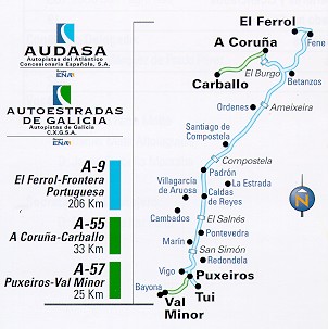 Un mapa da AP-9, onde se aprecia o conflitivo tramo entre Puxeiros e Mos