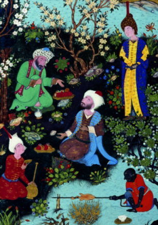 "Firdawsi e os tres poetas da corte de Ghazna" (detalle). Ir&aacute;n, s. XVI, papel.