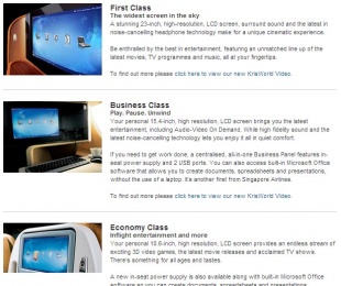 Comparaci&oacute;n das diferentes pantallas na web de Singapore Airlines